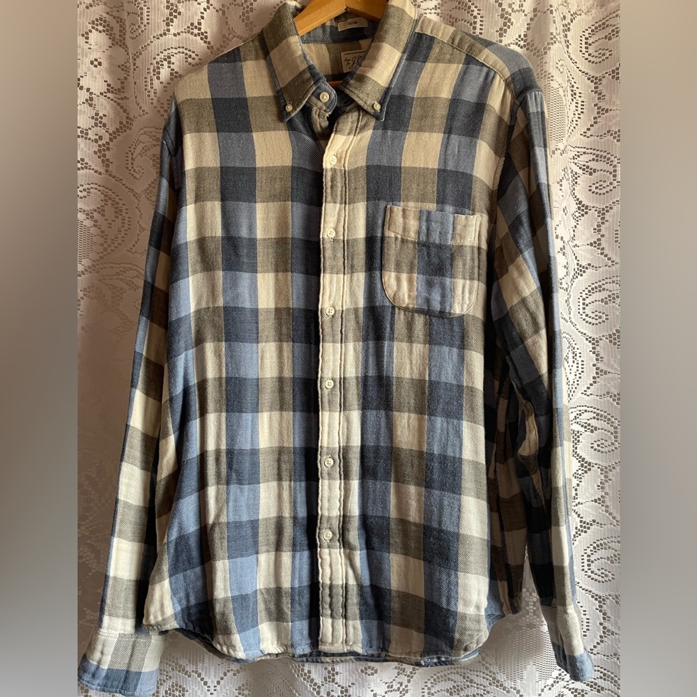 J. CREW| Men’s L Slim Fit Blue Gray Black Cream Checkered Button-Down Shirt